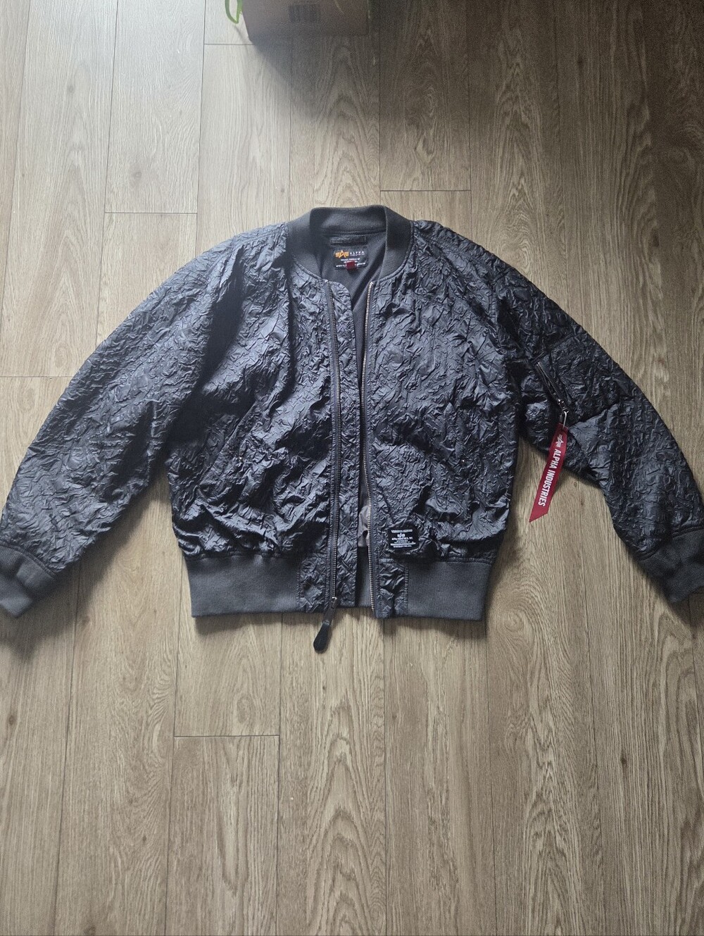 Alpha Industries Black Textured Bomber Jacket with Red Sleeve Tag